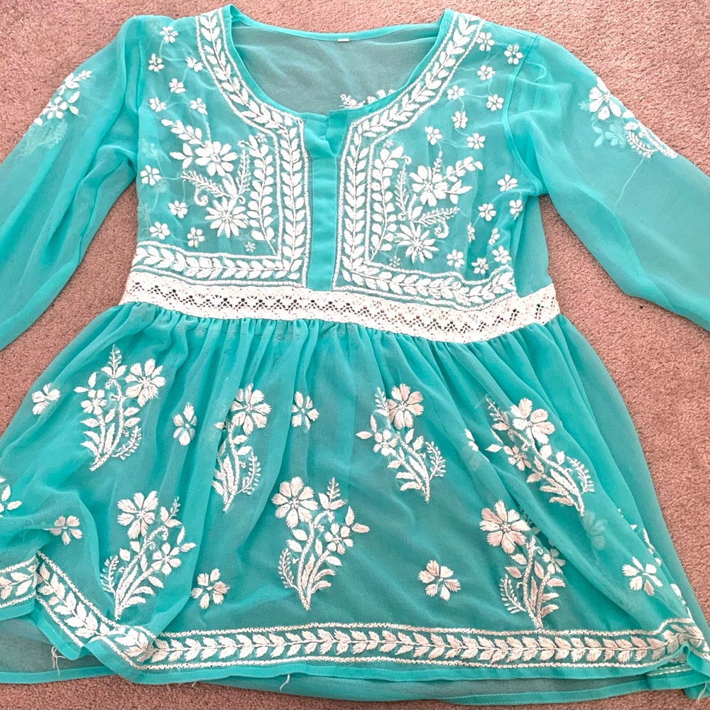 Beautiful Turquoise Floral fully Embroidered Top